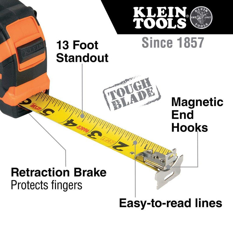 [Australia - AusPower] - Klein Tools 9225 Tape Measure, 25-Foot Double-Hook Double-Sided Measuring Tape, Magnetic with Retraction Speed Break and Metal Belt Clip 