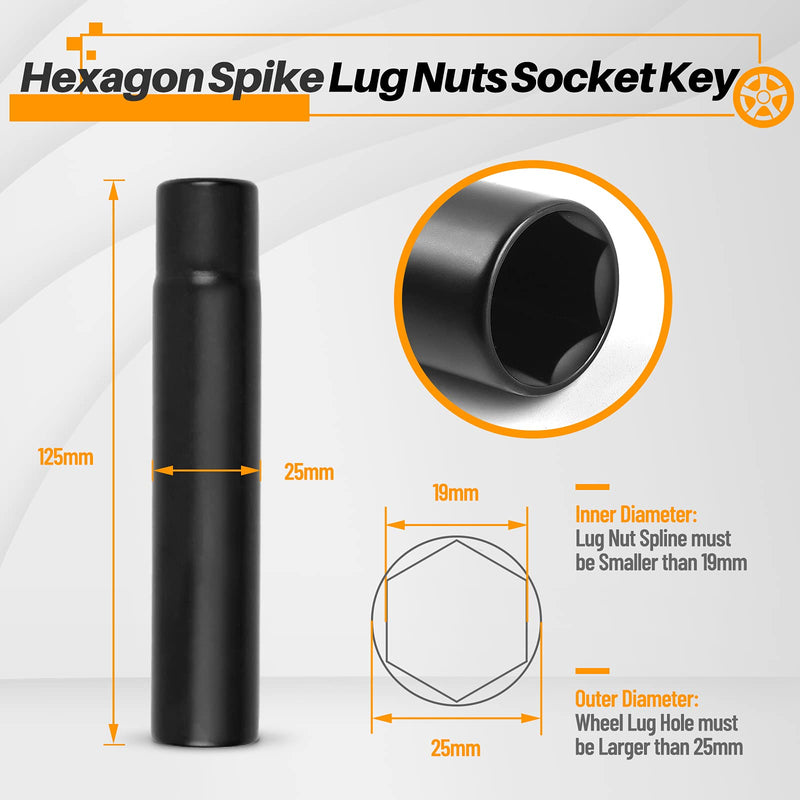 [Australia - AusPower] - MIKKUPPA Solid Spiked Lug Nuts Key with 19mm Hex, Universal Spike Lug Nuts Socket Key Replacement Tool for M14x1.5, M14x2.0, 9/16-18, 1/2-20, M12x1.5, M12x1.25 One-Piece Spiked Lug Nut Hexagon Spike Lug Nuts Socket Key Black 
