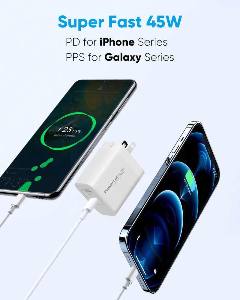 [Australia - AusPower] - USB C Charger 45W, PowerLot 45W 2-Port USB C Charger Block, GaN Wall Charger, PPS Super Fast Charger for Galaxy S23/ S22/ S21/ Tab S8/ Z Fold 4/5/ Z Flip 5/4, MacBook Air/iPad Pro/Air/iPhone 14-8 