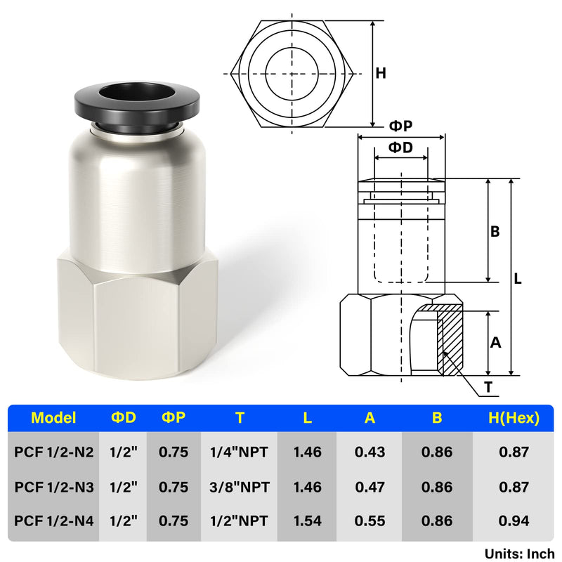 [Australia - AusPower] - TAILONZ PNEUMATIC Female Straight 1/2 Inch Tube OD x 1/4 Inch NPT Thread Push to Connect Fittings PCF-1/2-N2(Pack of 5) 1/2"OD-1/4"NPT 