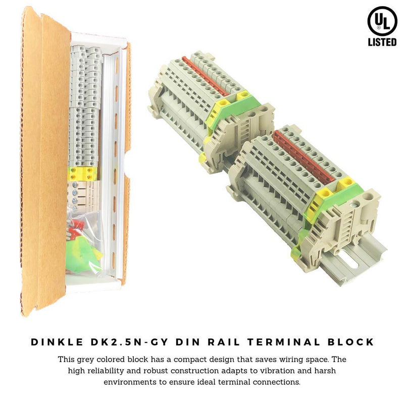 [Australia - AusPower] - Dinkle UL Gray DIN Rail Terminal Block Kit 20 DK2.5N 12 AWG Gauge 20A 600V Ground DK4N-PE Jumper DSS2.5N-10P End Covers End Brackets Grey 