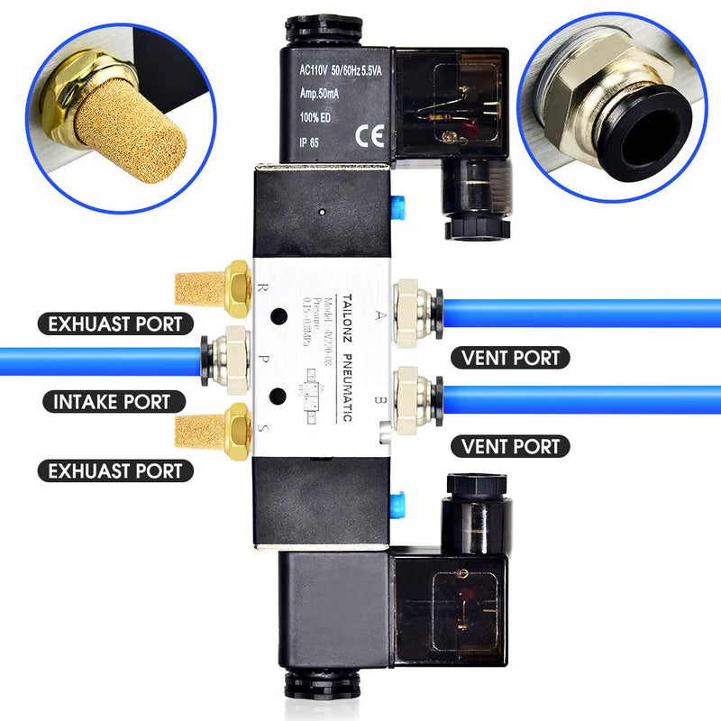 [Australia - AusPower] - TAILONZ PNEUMATIC Solenoid Valve 4V220-08 DC12V 1/4"NPT Double Coil Pilot-Operated Electric 2 Position 5 Way Connection Type 