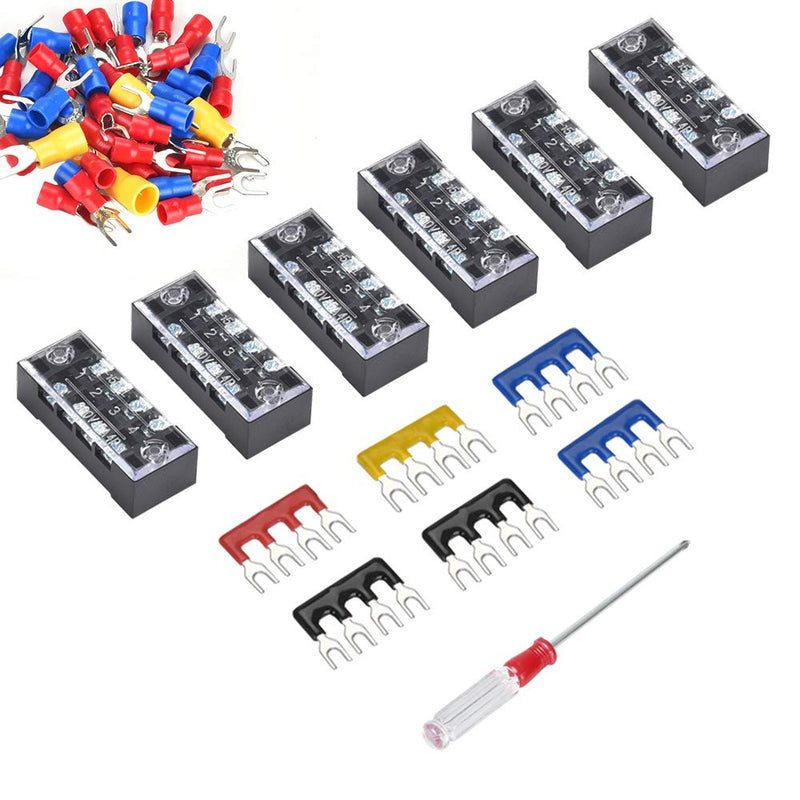 [Australia - AusPower] - 73Pcs(6Sets) Terminal Block Set, 6Pcs 4 Positions 600V 15A Dual Row Screw Terminal Strip Block + 6Pcs Pre-Insulated Terminals Barrier Strip + 60Pcs Insulated Fork Wire Connector by CGele… 15A 4P+6 pcs Jumpers 