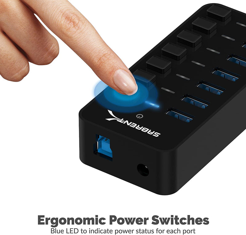 [Australia - AusPower] - SABRENT 36W 7-Port USB 3.0 Hub with Individual Power Switches and LEDs Includes 36W 12V/3A Power Adapter (HB-BUP7) 