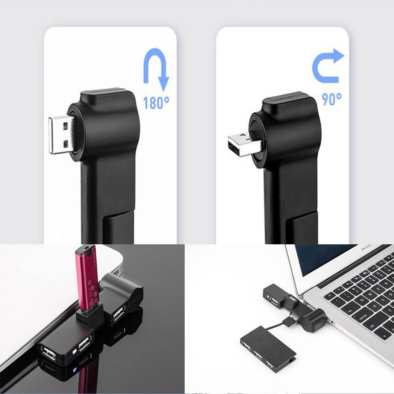[Australia - AusPower] - Faoyliye Mini USB 2.0 Hub 4 Port USB Hub,[90°/180° Degree Rotatable] USB Hub USB Extension for Mouse, Keyboard, Hard Drive or More USB Devices - Black USB2.0 