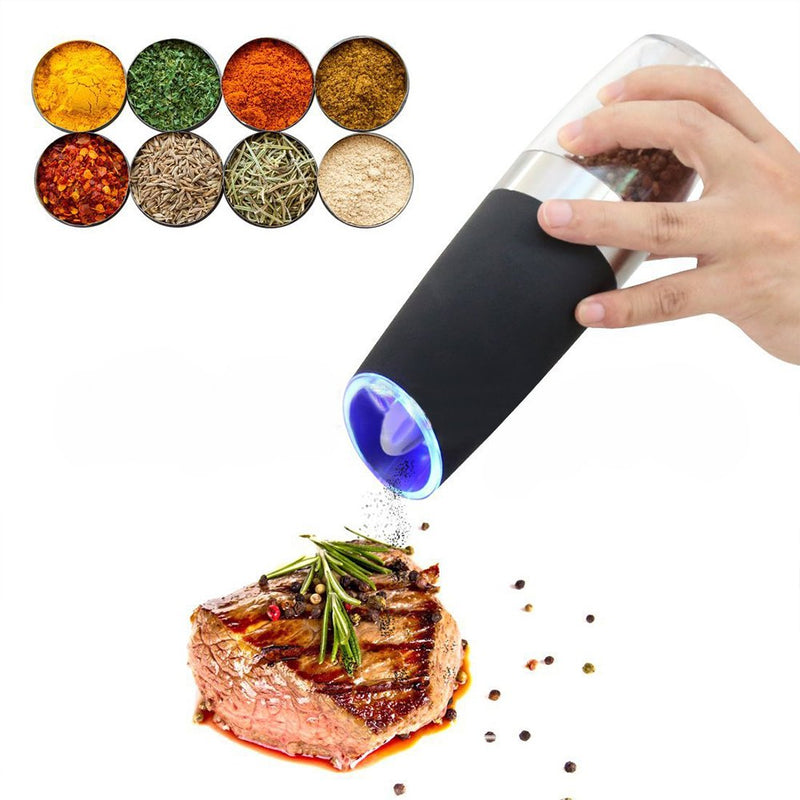 [Australia - AusPower] - Electric Pepper Grinder, Automatic Pepper Mill, Battery Powered with Blue LED Light, Stainless Steel Salt and Pepper Grinder with One Hand Operated(Black) Black 