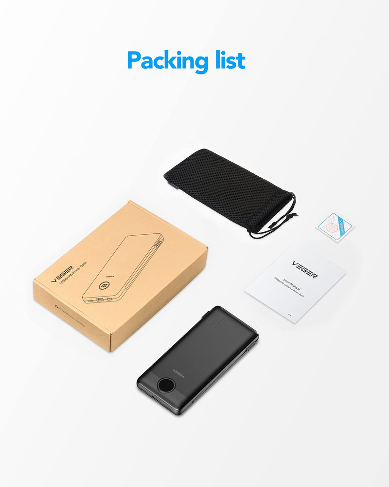 [Australia - AusPower] - VEGER Portable Charger for iPhone Built in Cables Fast Charging USB C Slim 10000 Power Bank, Wall Plug USB Battery Pack for iPhones, iPad, Samsung More Phones Tablets (Black) Black 