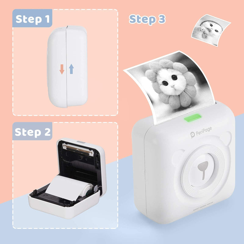 [Australia - AusPower] - MUNBYN Portable Bear Pocket Printer, Mini Bluetooth PeriPage Thermal Printer Instantly Printing Photos Labels Receipts Compatible with Android iOS Windows for Kids Planner to-do Lists White-203DPI 
