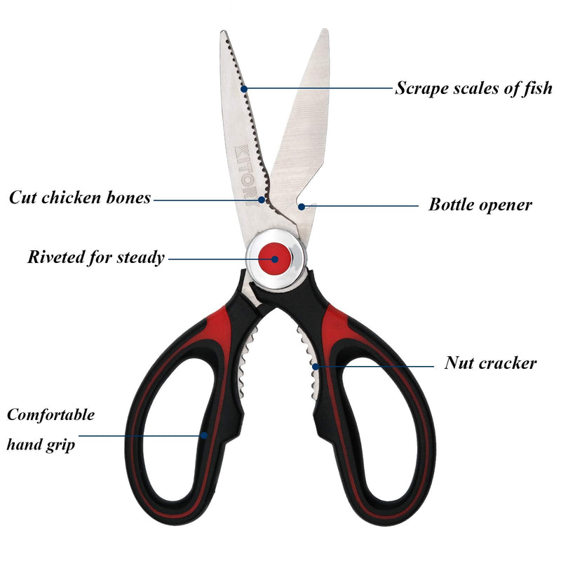 [Australia - AusPower] - KITORY Kitchen Shears Multi-Purpose Kitchen Scissors Ultra Sharp Heavy Duty Sissors with Sheath for Poultry/Chicken/Fish/Meat/Veggies/Office/BBQ Nut cracker Bottle Opener - Red&Black 