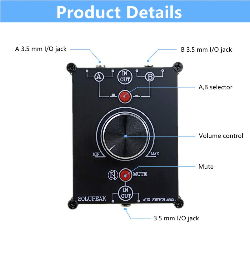 [Australia - AusPower] - 2 in 1 Out 3.5mm Stereo Audio Switch Box, Audio Source Signal selector, 2 Way Speaker switcher 2 ports 3.5mm switch(2 IN 1 OUT) 