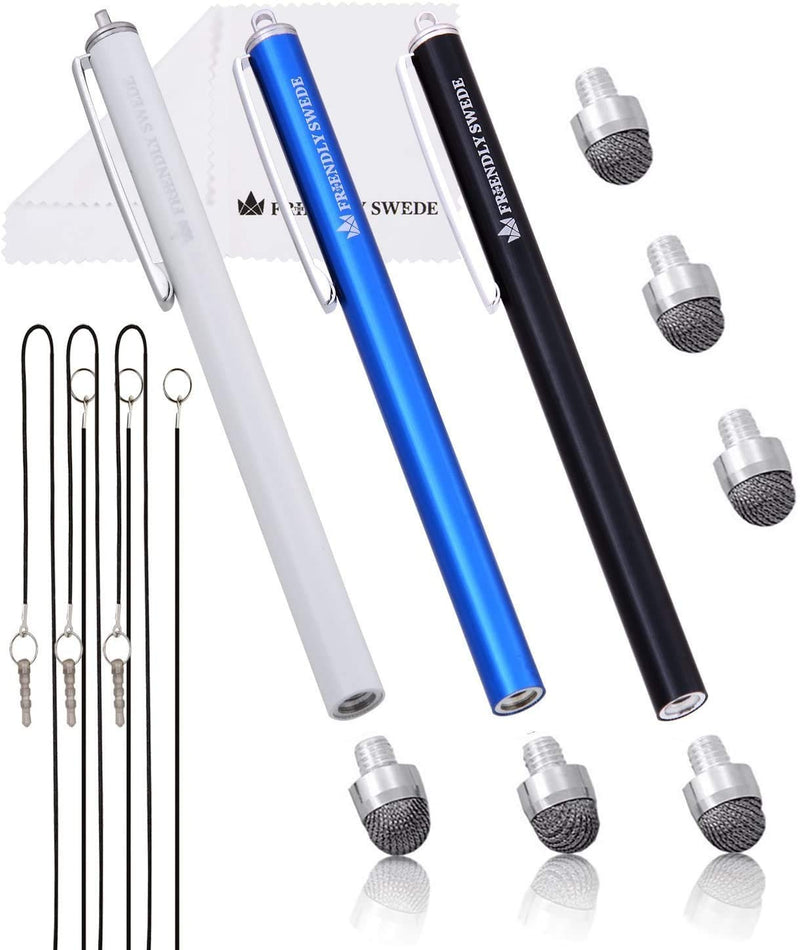 [Australia - AusPower] - The Friendly Swede Stylus Pens for Touch Screens - Micro-Knit Mesh Tip Capacitive Stylus Pen for Tablets and Phone, with Replaceable Fiber Tip Design (3 Pack) Black + White + Dark Blue 