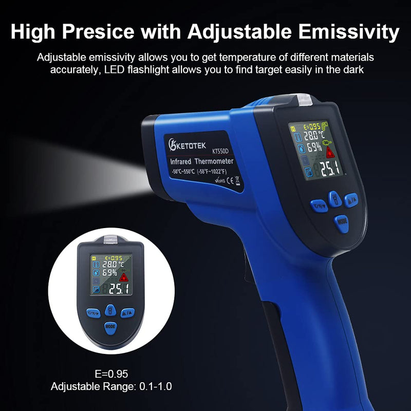[Australia - AusPower] - Ketotek Infrared Thermometer Laser Digital Temperature Gun Non Contact -58~1022℉ with K Type Thermocouple Probe Humidity Measurement NCV Color LCD for Cooking Pizza Oven BBQ Freezer Industrial 