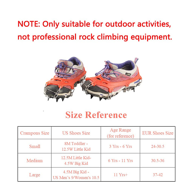 [Australia - AusPower] - LINXGR 11-Spikes Kids Crampons Ice Cleats for Hiking Boots 11 Teeth Anti Slip Microspikes Kids Crampons Small for Hiking Climbing Walking Shoes Unisex, Toddler-Preschool-Gradeschooler-Teens Orange Small for Toddlers/Little Kids 
