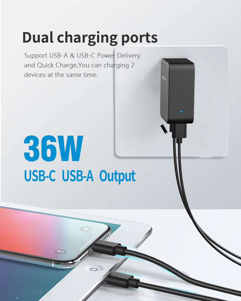 [Australia - AusPower] - Wishinkle USB Wall Charger, Dual Ports 36W Fast USB C Charger, PD/QC3.0 Power Adapter with Foldable Portable Plug for iPhone 11/Xs/XS Max/XR/X/8/7/6/Plus, Samsung, Google Pixel, iPad Pro and More Black, 36W 