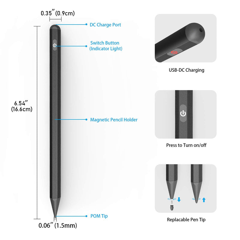 [Australia - AusPower] - Stylus Pencil for iPad Air 4th Generation, Active Pen with Palm Rejection for 2018-2021 iPad Pro 11 inch/12.9 Inch, iPad 8th/7th/6th Gen, iPad Mini 5th Gen, iPad Air 4th/3rd Gen (Black) 