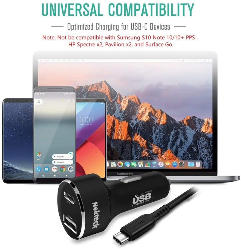 [Australia - AusPower] - Type C Car Charger, Nekteck USB Car Charger with 45W Power Delivery and 12W USB A Port Compatible with iPhone, iPad, MacBook, Galaxy, Google Pixel, 3.3ft USB C Cable Included, NOT Ideal for Note10+PPS 