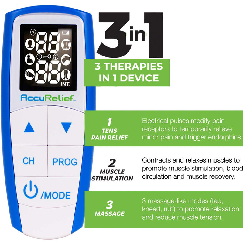 [Australia - AusPower] - AccuRelief Complete 3-in-1 TENS Unit, EMS, Massager Device - Pain Relief Electric Muscle Stimulator with 4 Electrodes for Neck, Back, and Full Body 