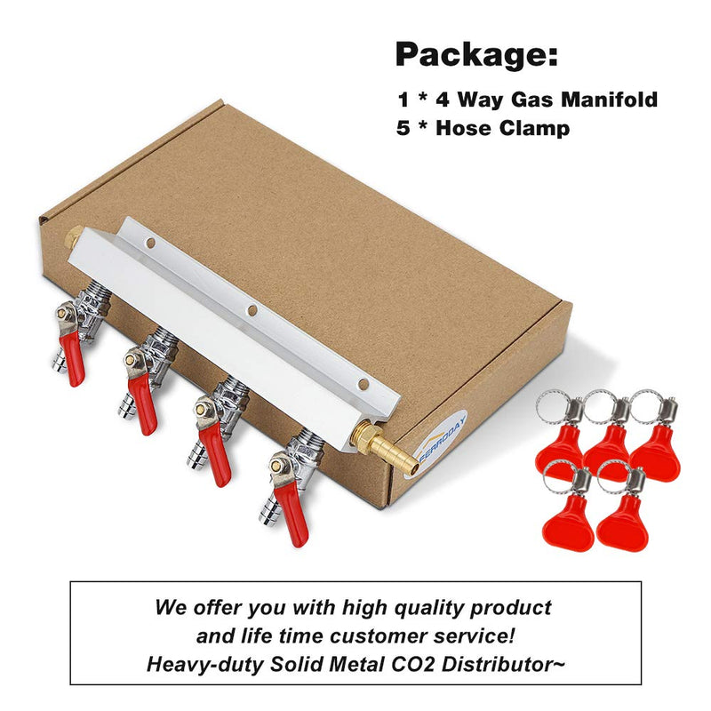 [Australia - AusPower] - FERRODAY 4 Way Gas Manifold 5/16" Barbed Integrated Check Valves CO2 Distributor Independent Shut Off CO2 Manifold Gas Distributor for Home Brew Beer Brew - 1 Gas Manifold + 5 Hose Clamps 
