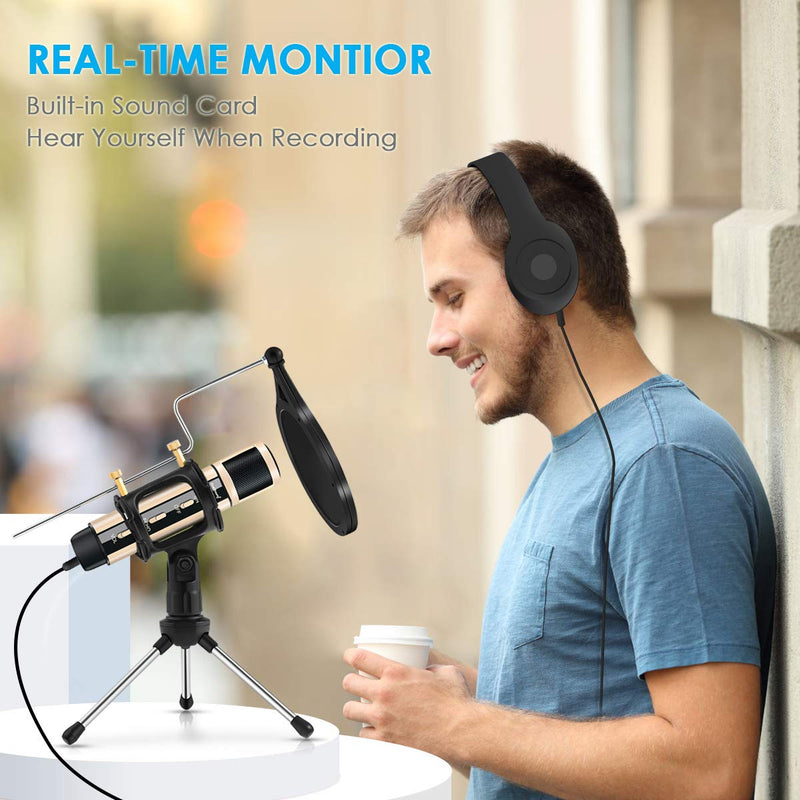 [Australia - AusPower] - Studio Recording Microphone, ZealSound Condenser Broadcast Microphone w/Stand Built-in Sound Card Echo Recording Karaoke Singing for Phone Computer PC Garageband Smule Live Stream & YouTube (Gold) Gold 