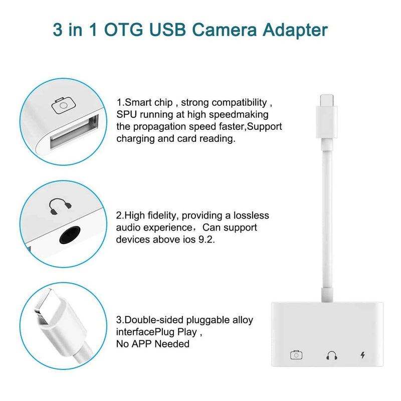 [Australia - AusPower] - USB Adapter for iPhone, 3 in 1 USB OTG Adapter with Charging Port and 3.5 mm Headphone Jack Compatible with iPhone 13/12/11 Pro/X/8/7, Support Hub, MIDI Keyboard, Camera, Card Reader 