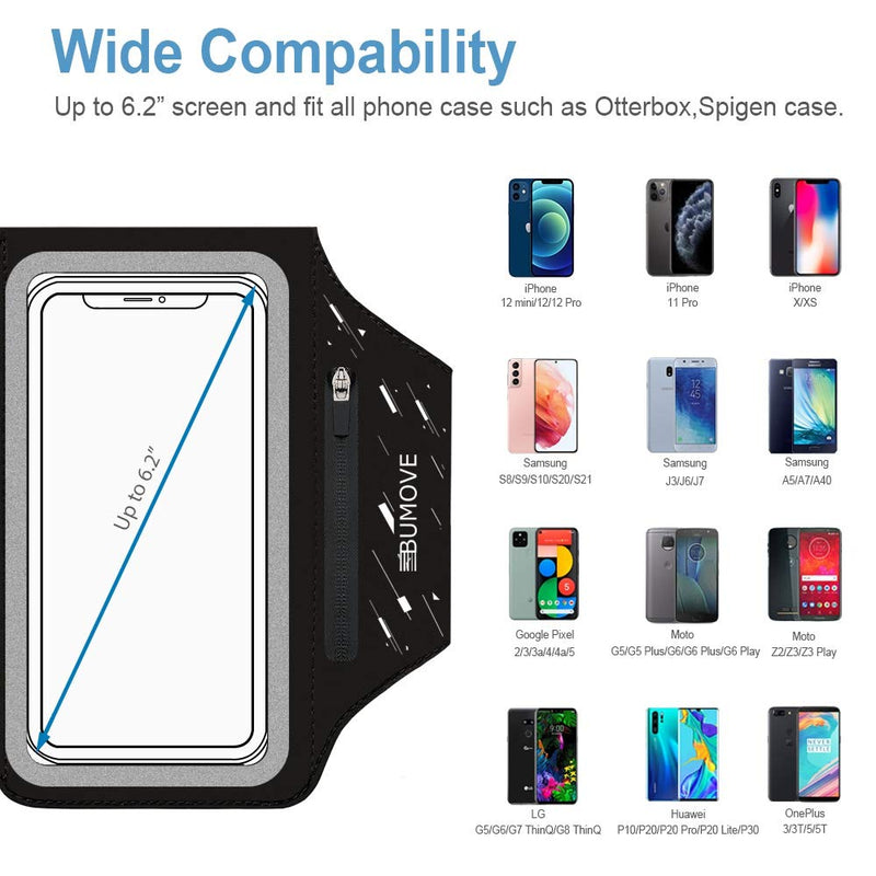 [Australia - AusPower] - iPhone 13/13 Pro/12/12 Pro Armband, BUMOVE Gym Runing Sports Arm Band for iPhone X/XS/XR, 11/11 Pro, 12 mini/12/12 Pro, 13 mini/13/13 Pro up to 6.2 inch with Airpods Key Card Holder (Black) Black (Up to 6.2") 