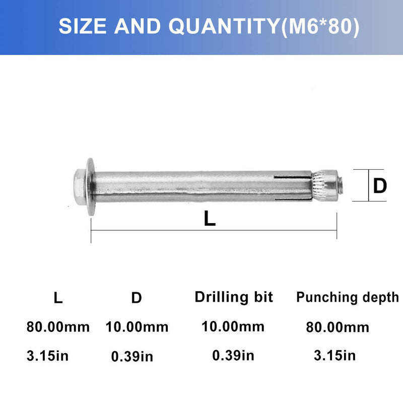 [Australia - AusPower] - Hex Expansion Bolt Hex Head Nut Sleeve Expansion Screw 304 Stainless Steel External Furniture Bolts, Expanding Shield Anchor Screws Bolts Fastener M6x80mm 5 Pack 