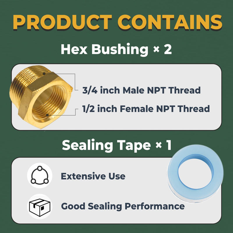 [Australia - AusPower] - LIONMAX Brass Hex Bushing Reducer, 3/4'' NPT Male X 1/2'' NPT Female Bushing Adapter Pipe Fitting, (2 PCS), with Sealing Tape 