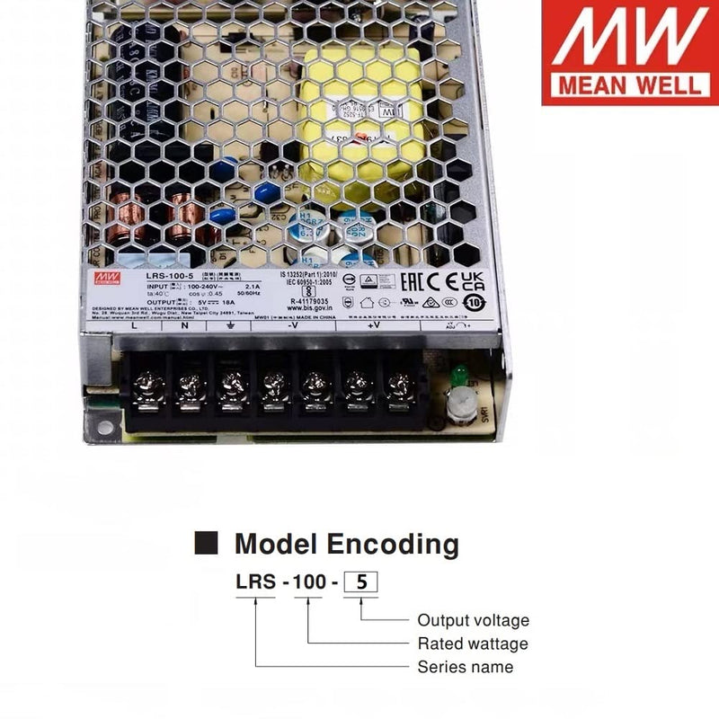 [Australia - AusPower] - Mean Well 5V Power Supply LRS-100-5, Enclosed DC 90W 18A Single Output Switching Power Supply with a Terminal Cover 