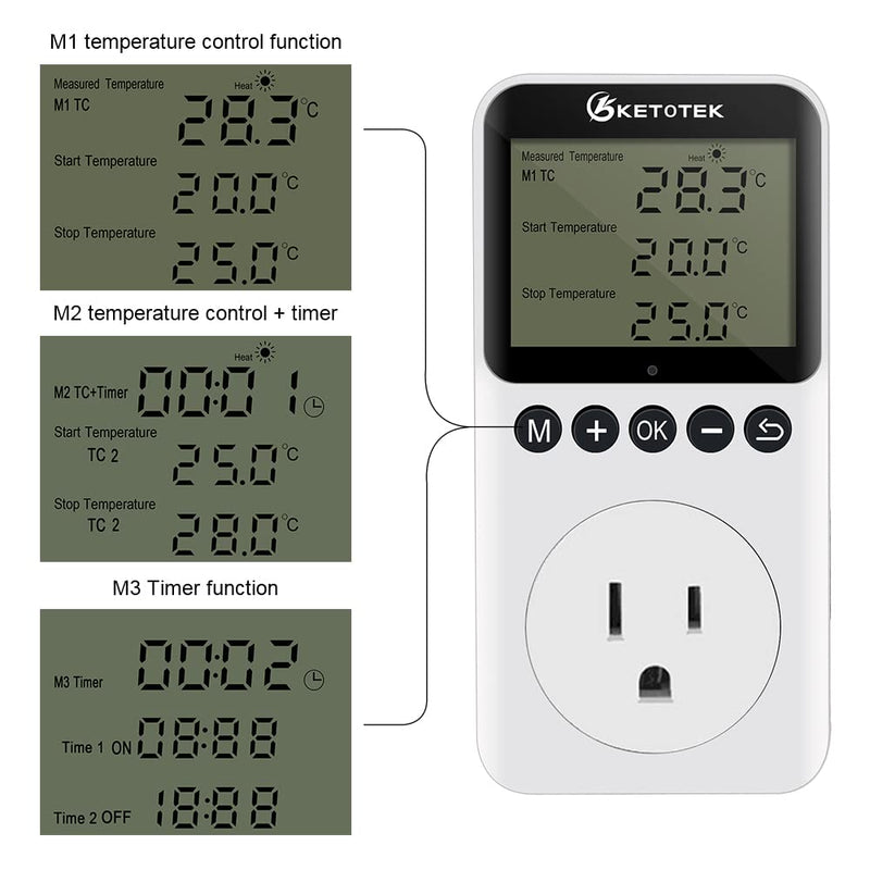 [Australia - AusPower] - KETOTEK Day/Night Temperature Controller Digital Thermostat Plug Outlet with Timer for Reptile Terrarium Greenhouse Heating Cooling 120V 