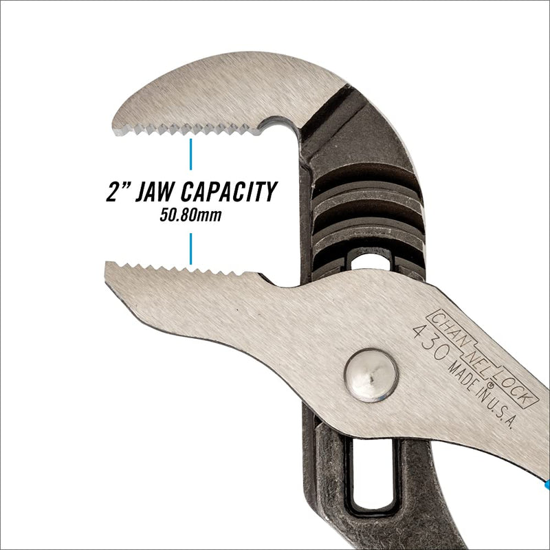 [Australia - AusPower] - Channellock 430 Tongue & Groove Pliers | 10" Straight Jaw Groove Joint Plier with Comfort Grips | 2" Jaw Capacity | Laser Heat-Treated 90° Teeth| Forged From High Carbon Steel | Made In USA,Black, Blue, Silver,10-Inch 