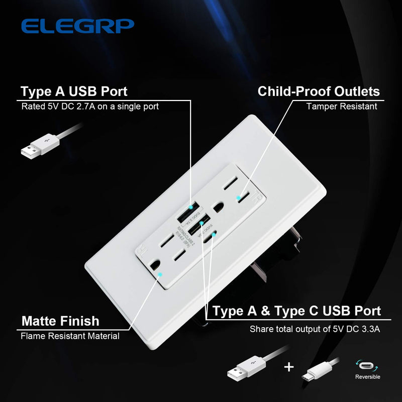 [Australia - AusPower] - ELEGRP 30W 6.0 Amp 3-Port Type C USB Wall Outlet, Smart Chip High Speed Charging for iPhone, iPad, Samsung, Google, LG, HTC, Android Devices, Tablets and More, UL Listed, w/Wall Plate, 1 Pack, White 15 Amp Outlet 