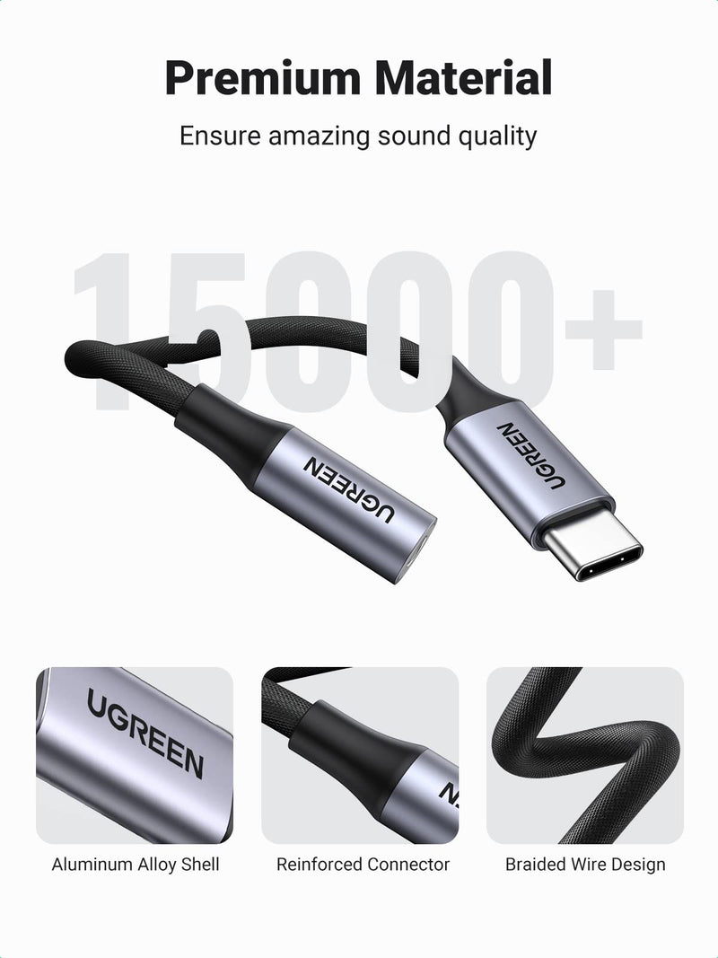 [Australia - AusPower] - UGREEN USB C to 3.5mm Audio Adapter Braided Type C Male to Headphone Aux Jack Female Dongle HiFi DAC Cable Cord Compatible with Samsung Galaxy S22 S21 Note20 Ultra S20 Pixel 5 4 XL iPad Pro Air, Grey 