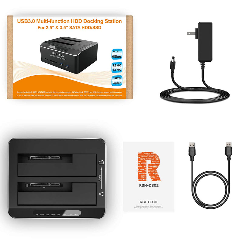 [Australia - AusPower] - Hard Drive Docking Station RSHTECH USB 3.0 Aluminum Dual Bay Hard Drive Dock for 2.5" & 3.5" SATA HDD SSD with SD TF Card Reader and Offline Clone/Duplicator Function Support 16TB Tool-Free 