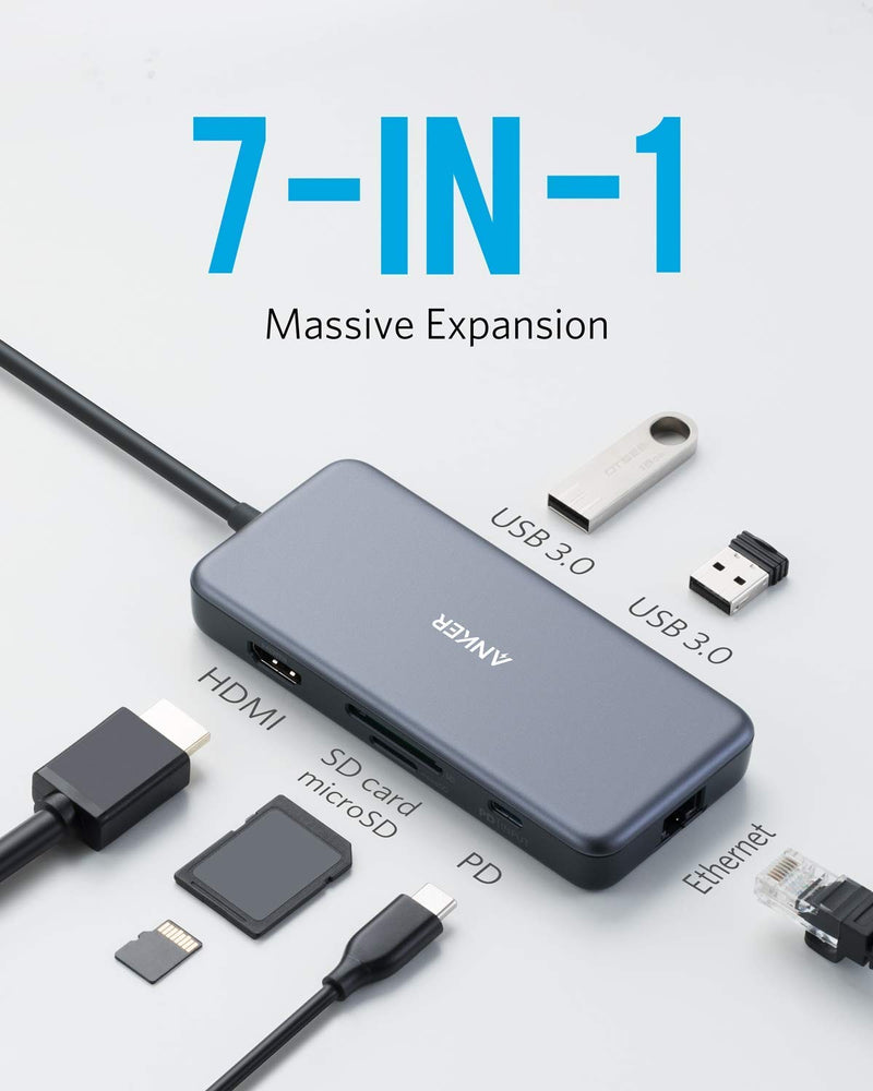 [Australia - AusPower] - Anker USB C Hub Adapter, PowerExpand+ 7-in-1 USB C Hub, with 4K USB C to HDMI, 60W Power Delivery, 1Gbps Ethernet, 2 USB 3.0 Ports, SD and microSD Card Readers, for MacBook Pro and Other USB C Laptops 