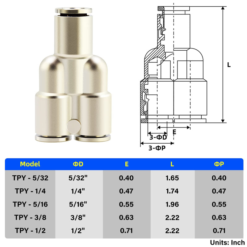 [Australia - AusPower] - TAILONZ PNEUMATIC 1/4 Inch OD Copper Nickel Plating Push to Connect Air Fittings Tee Straight Union Connect Pneumatic Fittings PY-1/4（Pack of 5) 1/4"OD 