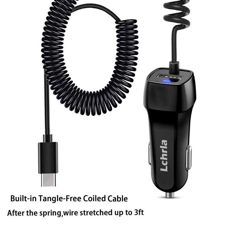 [Australia - AusPower] - Lchrla USB Car Charger, Type C Android Phone Car Adapter Built-In Curly Cable Compatible with Samsung Galaxy S8 S9 S10 Plus Note 9 8, LG G7/G6/G5/V40/V30/V20 Google Nexus Car Charger with 3.3FT USB C Coiled Cable 