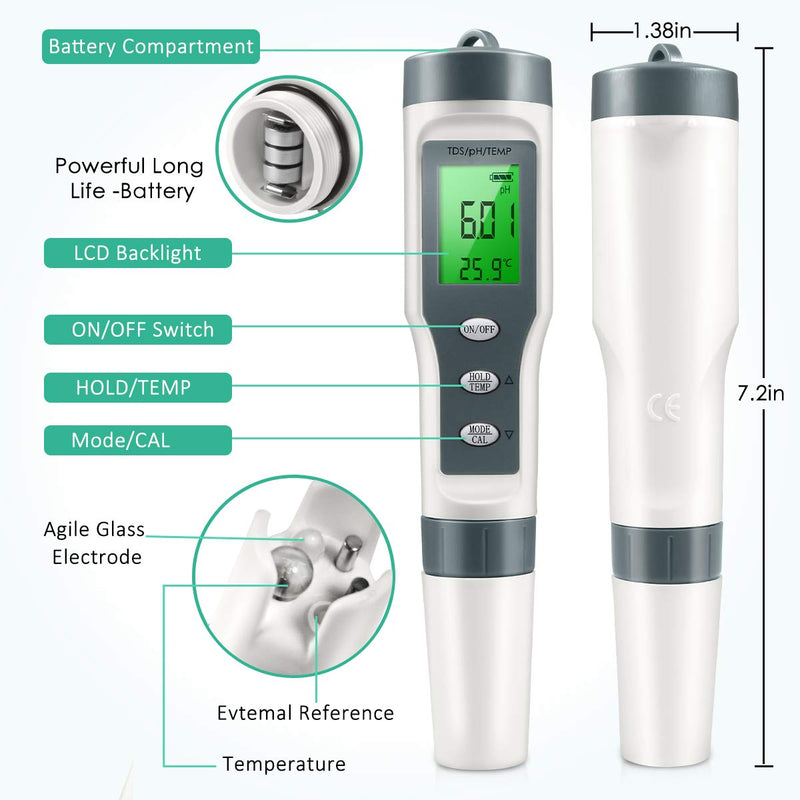 [Australia - AusPower] - Digital pH Meter with ATC pH Tester, 3 in 1 pH TDS Temp 0.01 Resolution High Accuracy Pen Type Tester, Water Tester for Water, Wine, Spas and Aquariums 