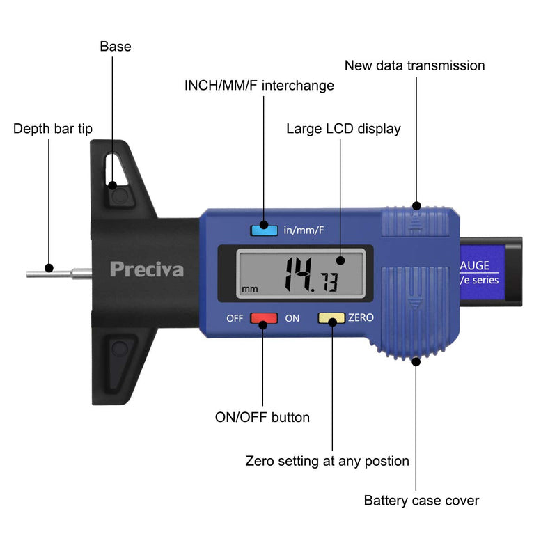 [Australia - AusPower] - Preciva Tire Tread Depth Gauge, Digital Tire Gauge Meter Tester with Large LCD Screen of F/mm/inch Conversion for Cars Trucks and SUV 