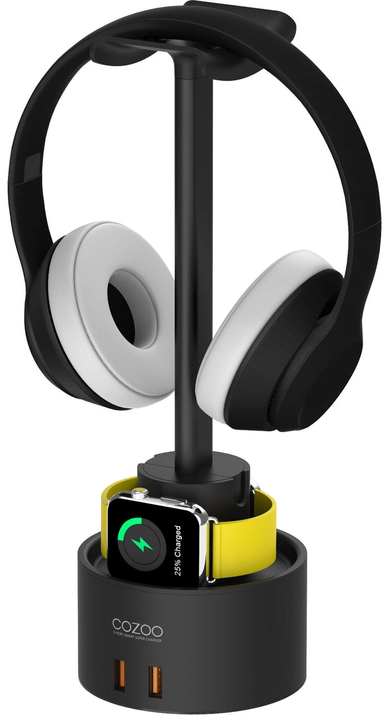 [Australia - AusPower] - Headphone Stand with 5 USB Charger COZOO Desktop Gaming Headset Holder Hanger with 5 USB Charging Station,Watch Stand and Watch Wireless Charging,Accessories for Gaming,DJ,Wireless Earphone Display 