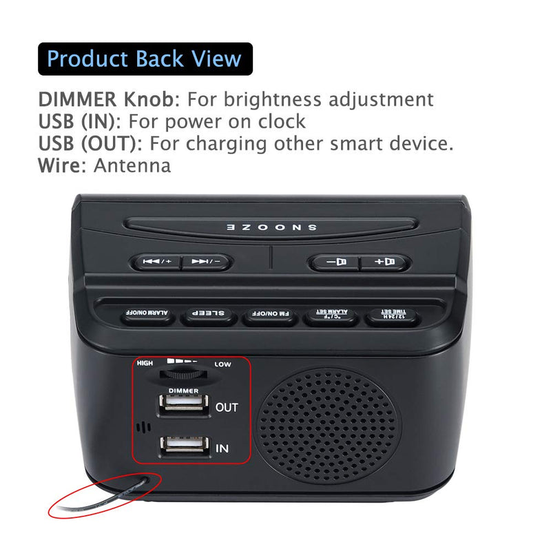 [Australia - AusPower] - DreamSky Alarm Clock Radio for Bedroom - FM Radio Clock with Battery Backup, USB Charing Port, 1.2 Inch Bold Digit 0%-100% Dimmer, Adjustable Alarm Volume, Temperature, Snooze, Sleep Timer, 12/24H Black 