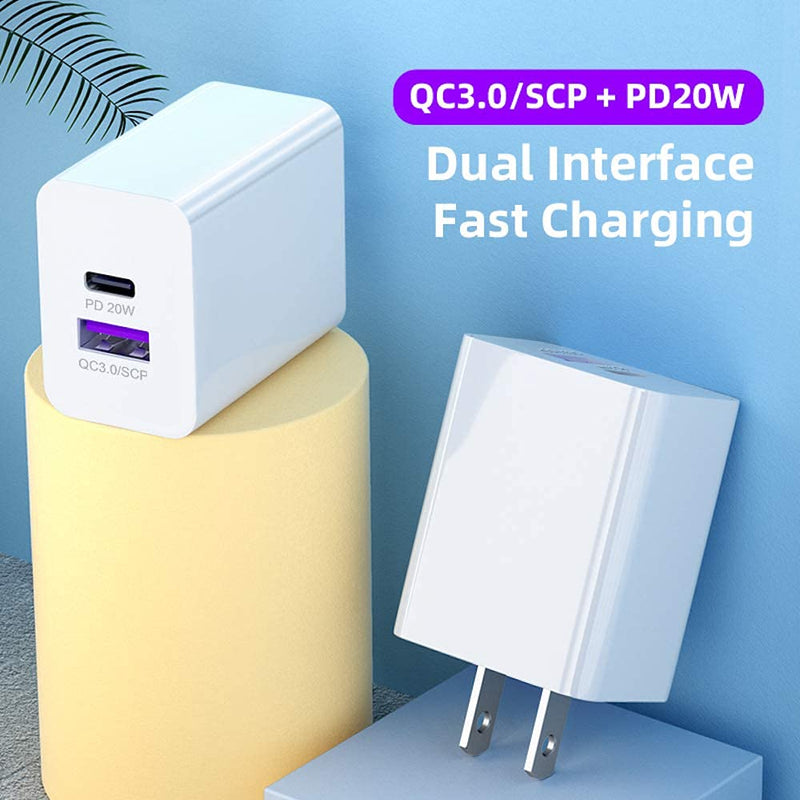 [Australia - AusPower] - Aporia - 20W 2-Port Wall Charger with 1 QC 3.0/SCP USB-A Port and 1 PD USB-C Port with Quick Charge Power delivery (White) | 100-240 Vac 50 60Hz 0.5A | Cellphone Charging (2-Pack) 2 Pack 
