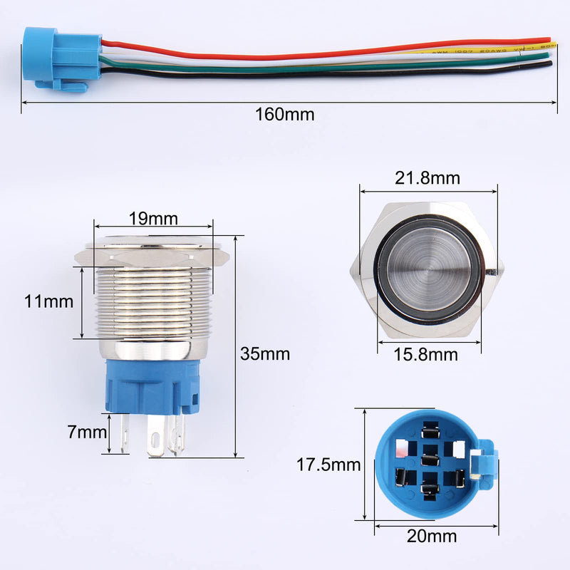 [Australia - AusPower] - DMWD 2PCS 19MM 3/4’’ Momentary Push Button Switch 12V-24V Ring Led 1NO 1NC Self-Reset ON/Off Metal Shell Waterproof with Wire Socket(IP66,Red Led) Red 19mm with Socket 2sets 