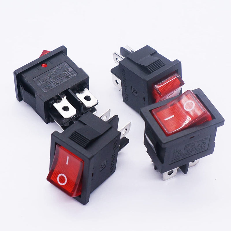 [Australia - AusPower] - Twidec/6Pcs Rocker Switch AC 6A/125V 10A/250V DPST 4 Pins 2 Position ON/Off Red LED Light Illuminated Boat Rocker Switch Toggle（Quality Assurance for 1 Years）KCD1-4-201N-R 
