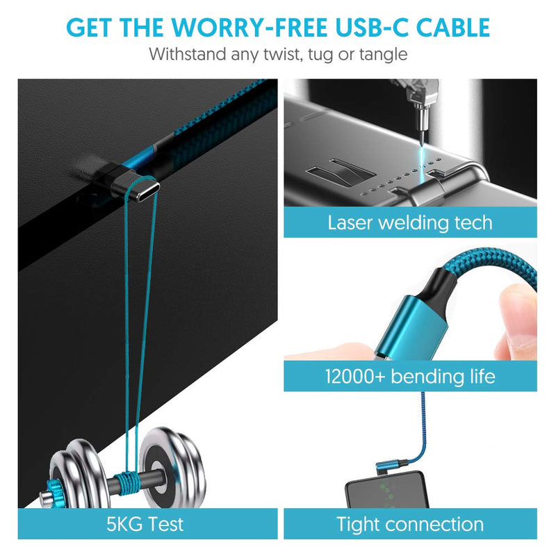 [Australia - AusPower] - USB C Cable, geekboy Right Angle Type c Charger [2-Pack 10ft], Durable Nylon Braided USB A to Type C Charger Cable for Samsung S22 Ultra/S21 Plus/S20, Note 10 and Other USB C Charger(Cyan) Cyan 2 Pack 