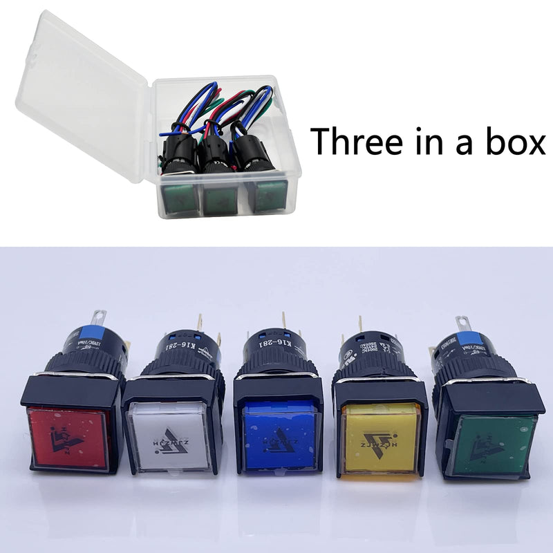 [Australia - AusPower] - 16mm Push Button Switch Square 1NO 1NC SPDT Momentary Switch 5/8" ON/Off with DC 12v LED Light Waterproof Self-Reset 5 Pin with Wire 3 Pcs K16-281 (White, Momentary) White 