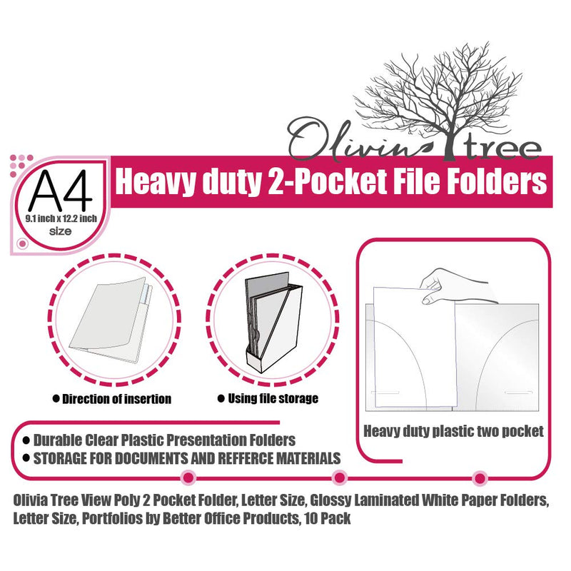 [Australia - AusPower] - Olivia tree 10 Pack View Poly 2 Pocket Folder, Letter Size, Glossy Laminated White Paper Folders, Letter Size, Portfolios by Better Office Products 