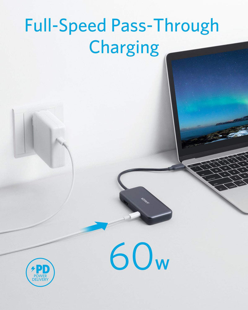 [Australia - AusPower] - Anker USB C Hub, 3-in-1 Type C Hub, 4K USB C to HDMI Adapter, USB 3.0, with 60W Power Delivery Charging Port for MacBook Pro 2016/2017/2018, ChromeBook, XPS, and More (Space Grey) 