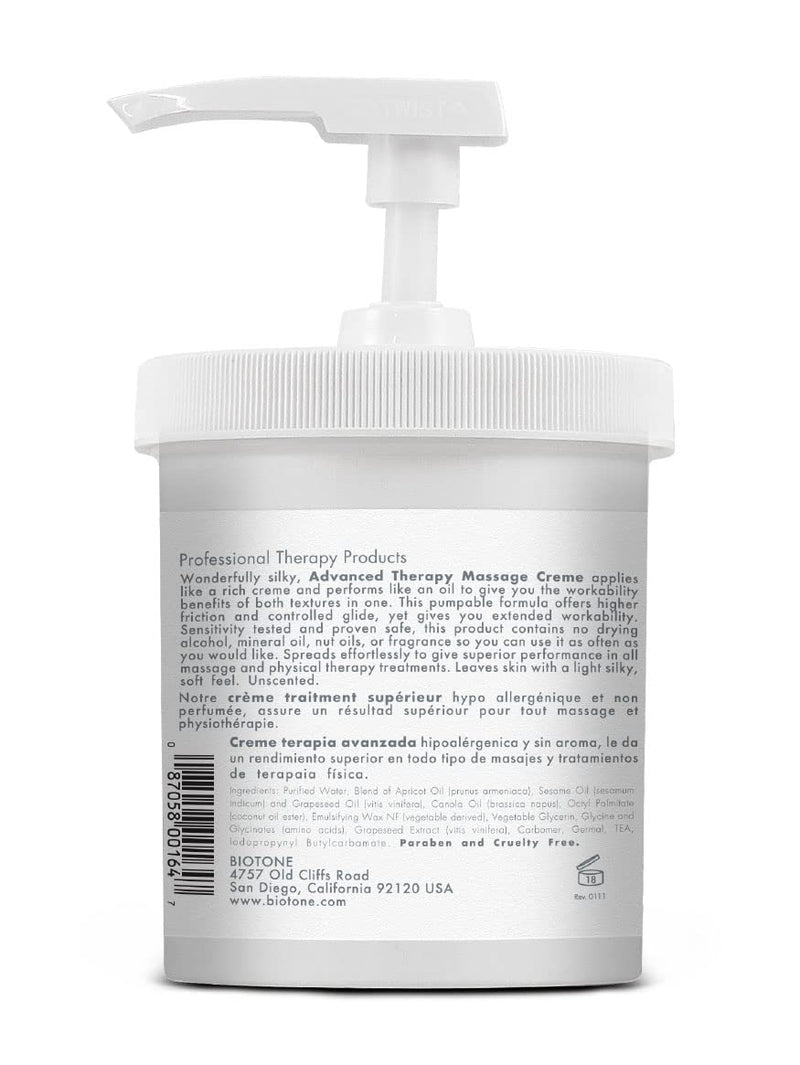 [Australia - AusPower] - BIOTONE Advanced Therapy Massage Creme, Hypoallergenic and Fragrance-Free, Ideal Glide and Workability, Less Reapplications, Non-Greasy Finish 16 Fl Oz (Pack of 1) 