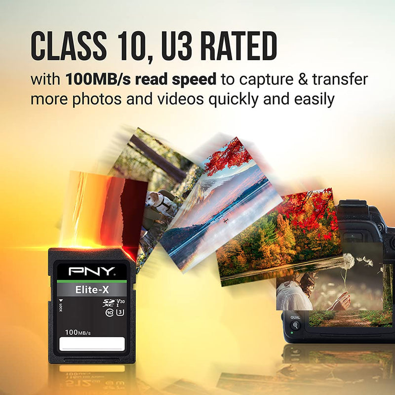 [Australia - AusPower] - PNY 256GB Elite-X Class 10 U3 V30 SDXC Flash Memory Card - 100MB/s, Class 10, U3, V30, 4K UHD, Full HD, UHS-I, Full Size SD 