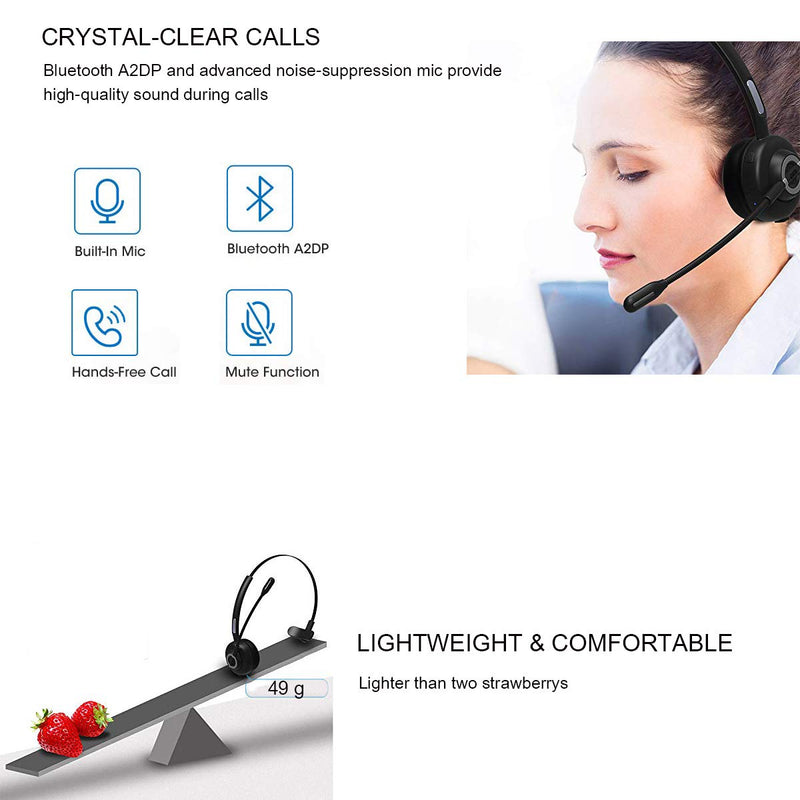 [Australia - AusPower] - Trucker Bluetooth Headset RAOPINGX Wireless Headset with Microphone Over The Head Headphones with Noise Cancelling Sound On Ear Car Earphones Office Earpiece for Cellphone Call Center Bluetooth V5.0 